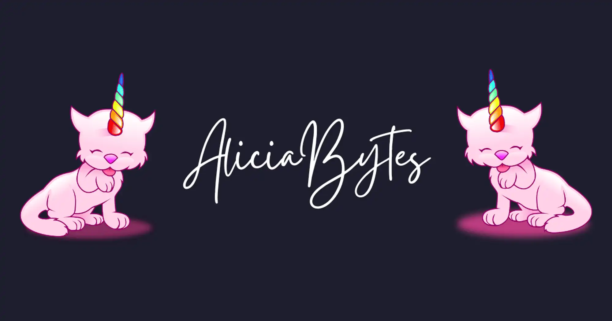 2 pink caticorns (cats with a rainbow colored horn like a unicorn) to either side, facing towards the middle. In the middle there's the cursive text 'AliciaBytes'.